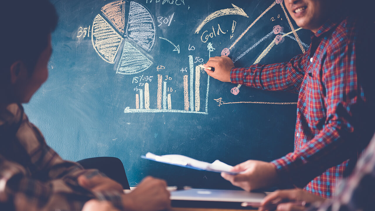 Time de marketing calculando cac e outras métricas em uma lousa