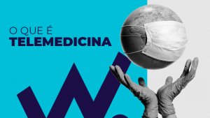Imagem do planeta terra com máscara, representando a pandemia e mãos de médico representando a telemedicina