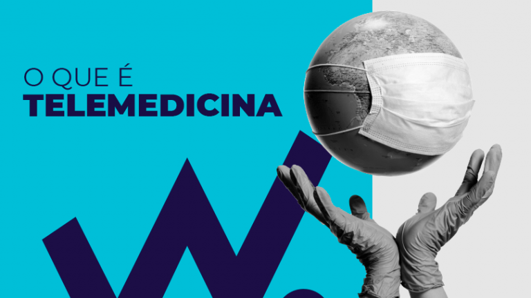 Imagem do planeta terra com máscara, representando a pandemia e mãos de médico representando a telemedicina