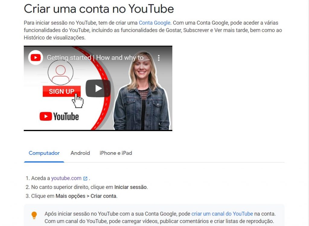 Tela que mostra um vídeo ensinando como criar uma conta no Youtube