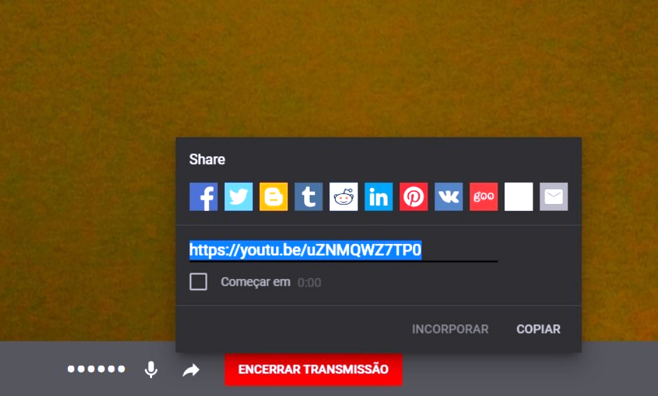 Tela mostrando onde você pode compartilhar o link da sua live no youtube