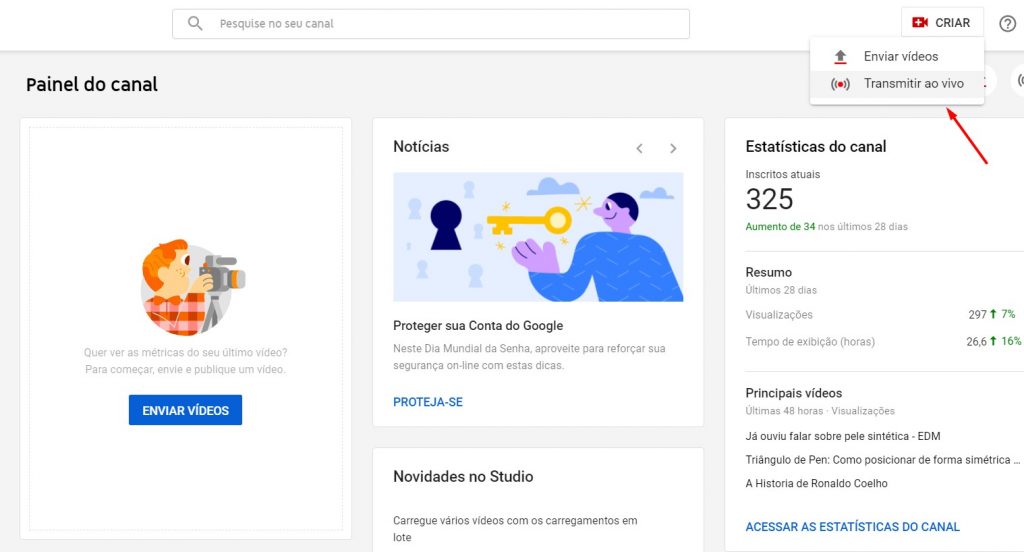 Tela inicial para fazer uma transmissão online no Youtube, tutorial de como fazer uma live