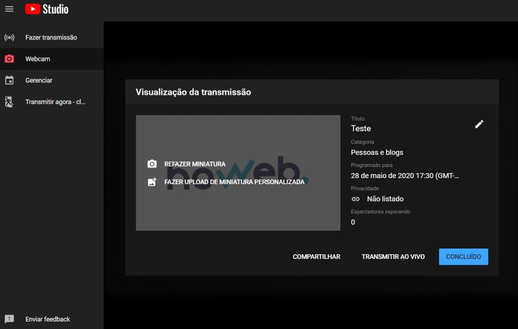 Tela mostrando onde subir uma imagem personalizada para uma live no Youtube 