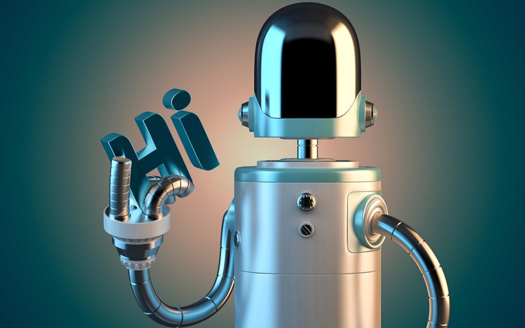 Imagem de robô segurando a palavra "Hi" representando um ChatBot